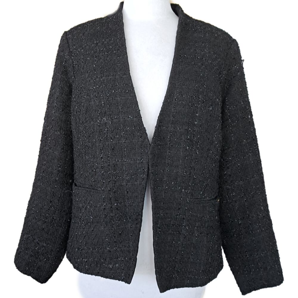 CALVIN KLEIN Black Metallic Bouclé Tweed Jacket Open Front Blazer Size 14 W